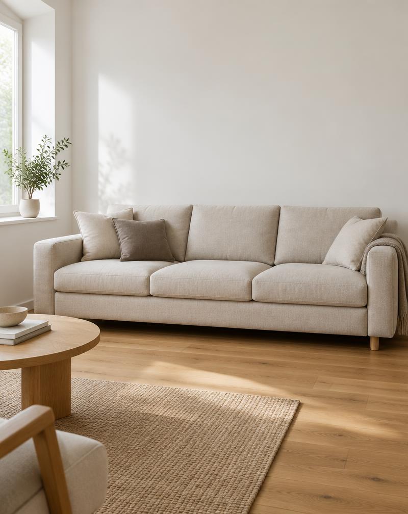 Neutral three-seat sofa in a living room
